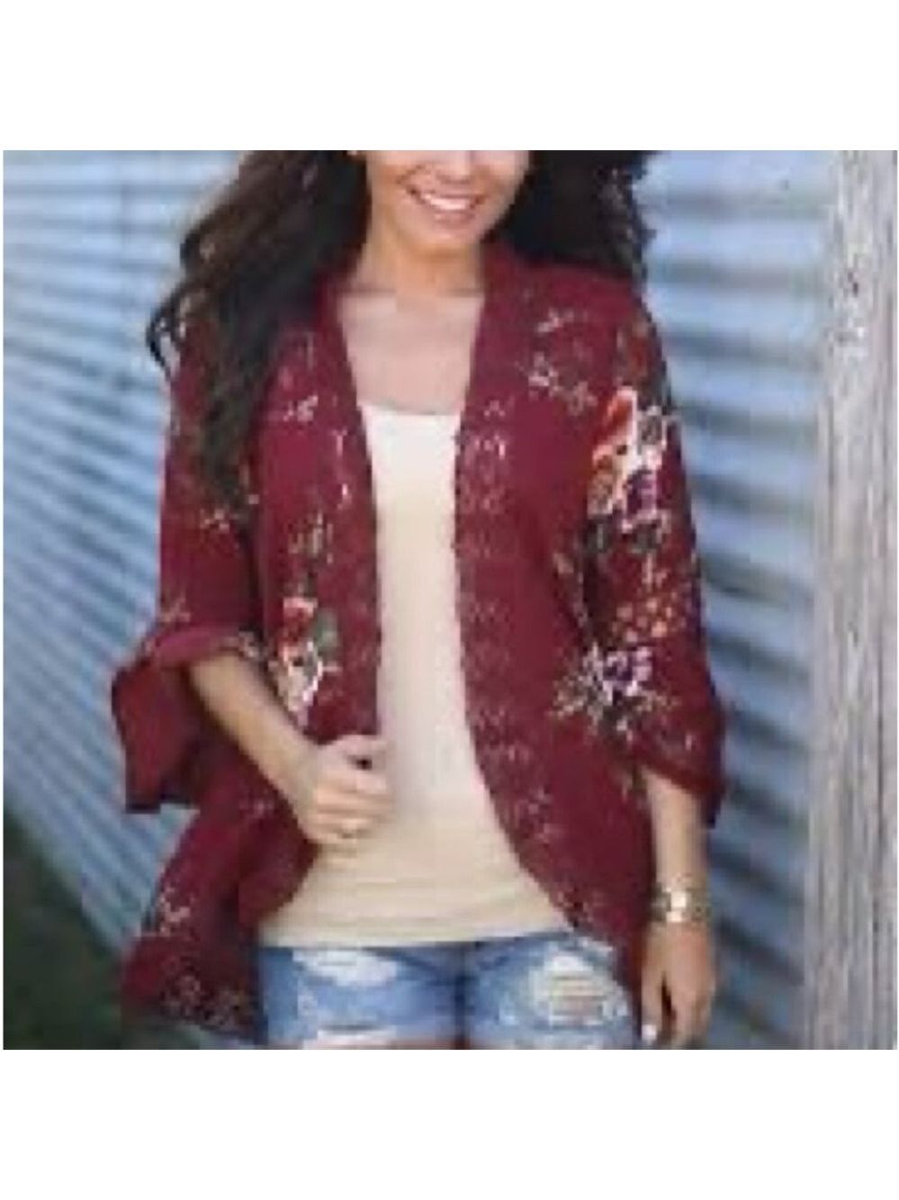 Burgundy Floral Kimono Cardigan with Lace and Embroidery Trim size S